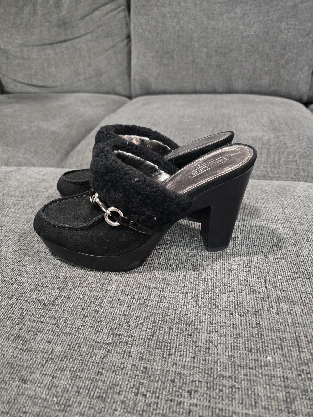 Coach Black Faux-Shearling Platform Mules with Silver Chain